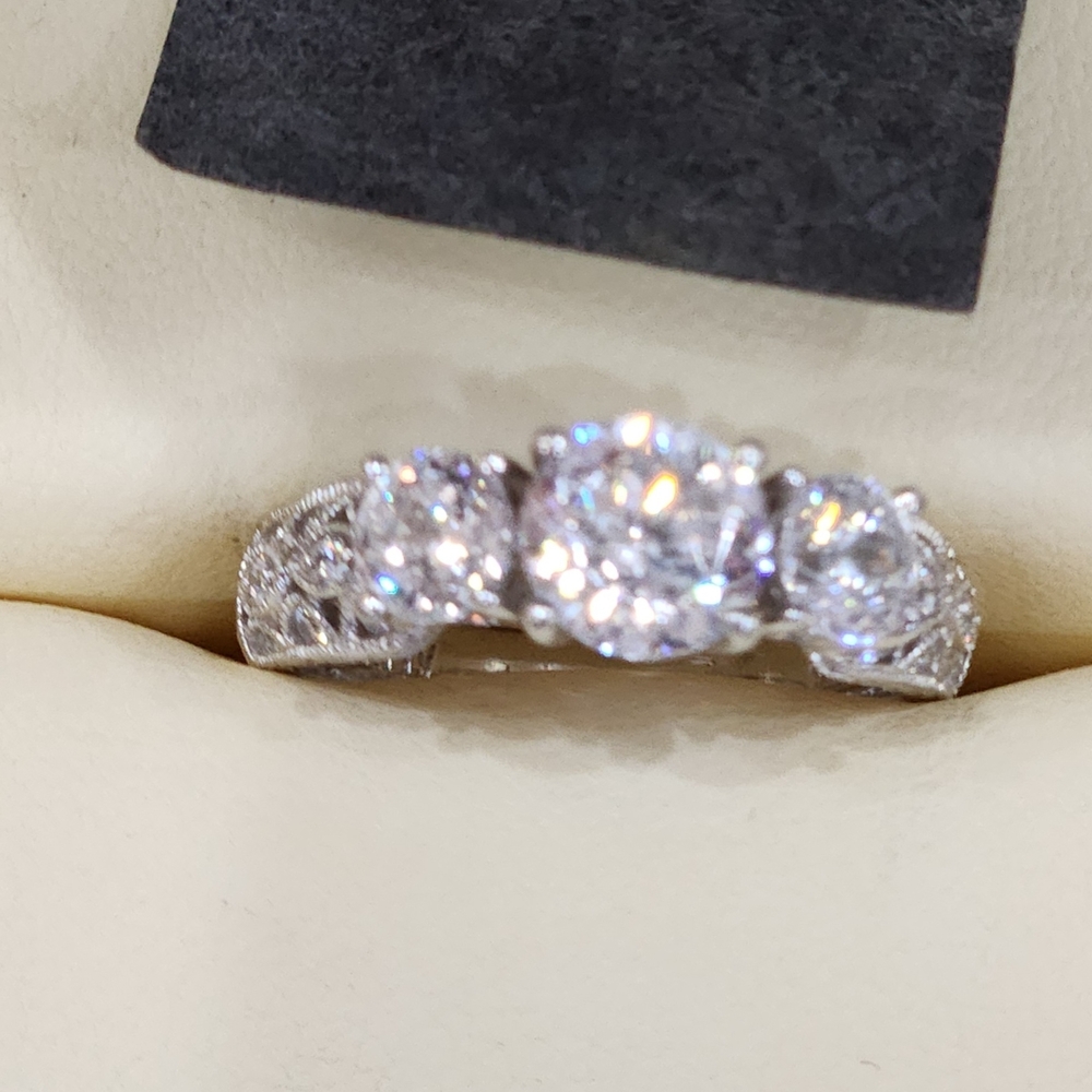 Three-Stone White Gold Tone Cubic Zirconia Ring - Sparkling White Size 8